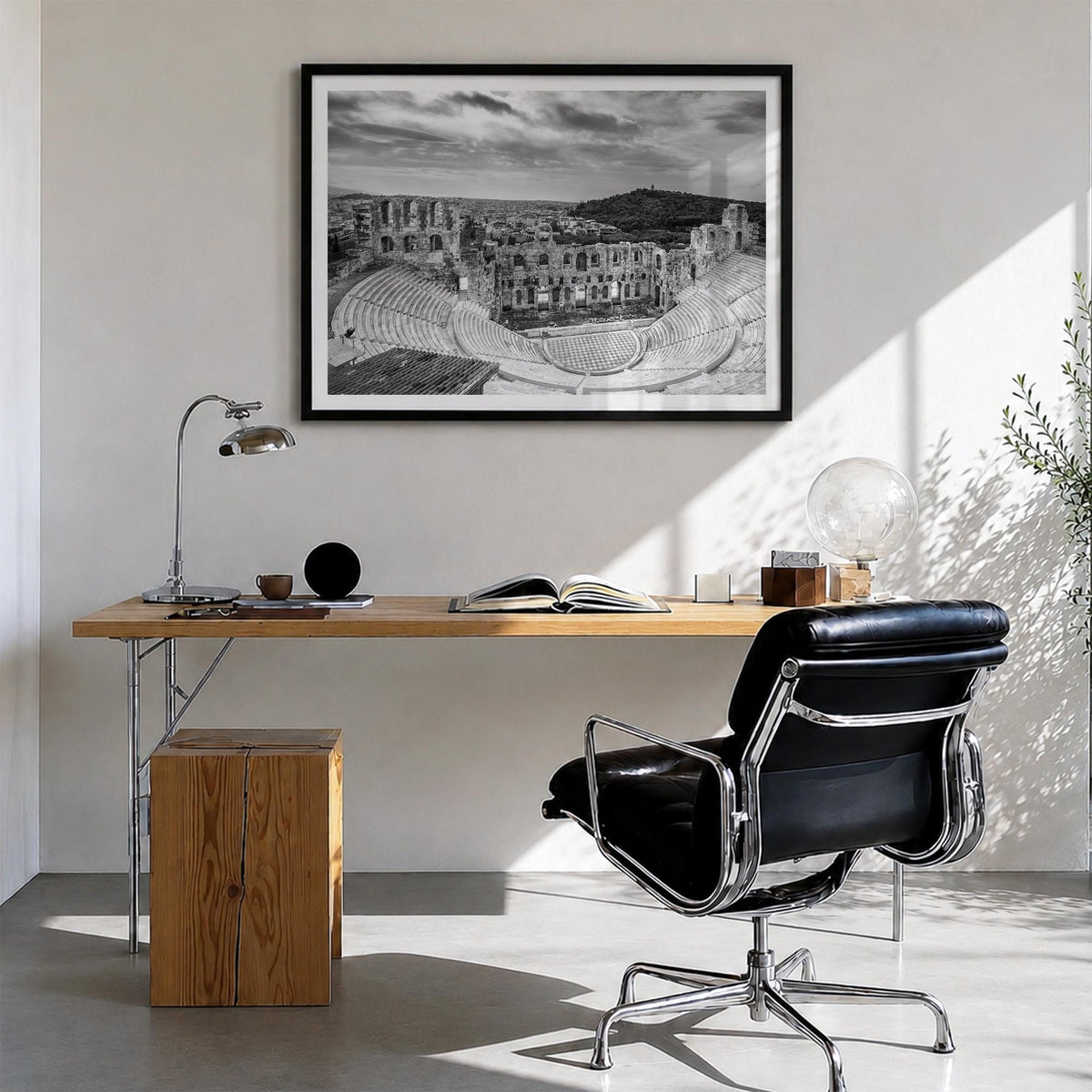 Athens, Greece black & white photo poster of Greece – horizontal wall art in black wood frame with white border, hanging on w