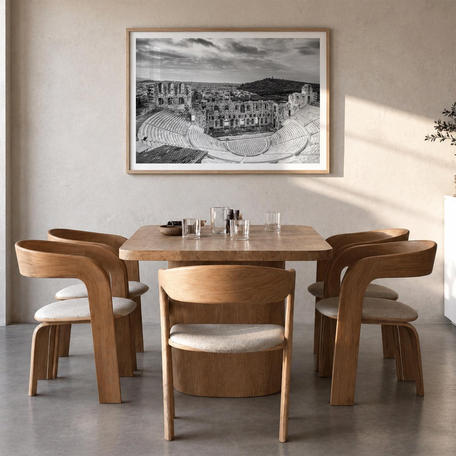 Athens, Greece black & white photo poster of Greece – horizontal wall art in natural wood frame with white border, hanging on