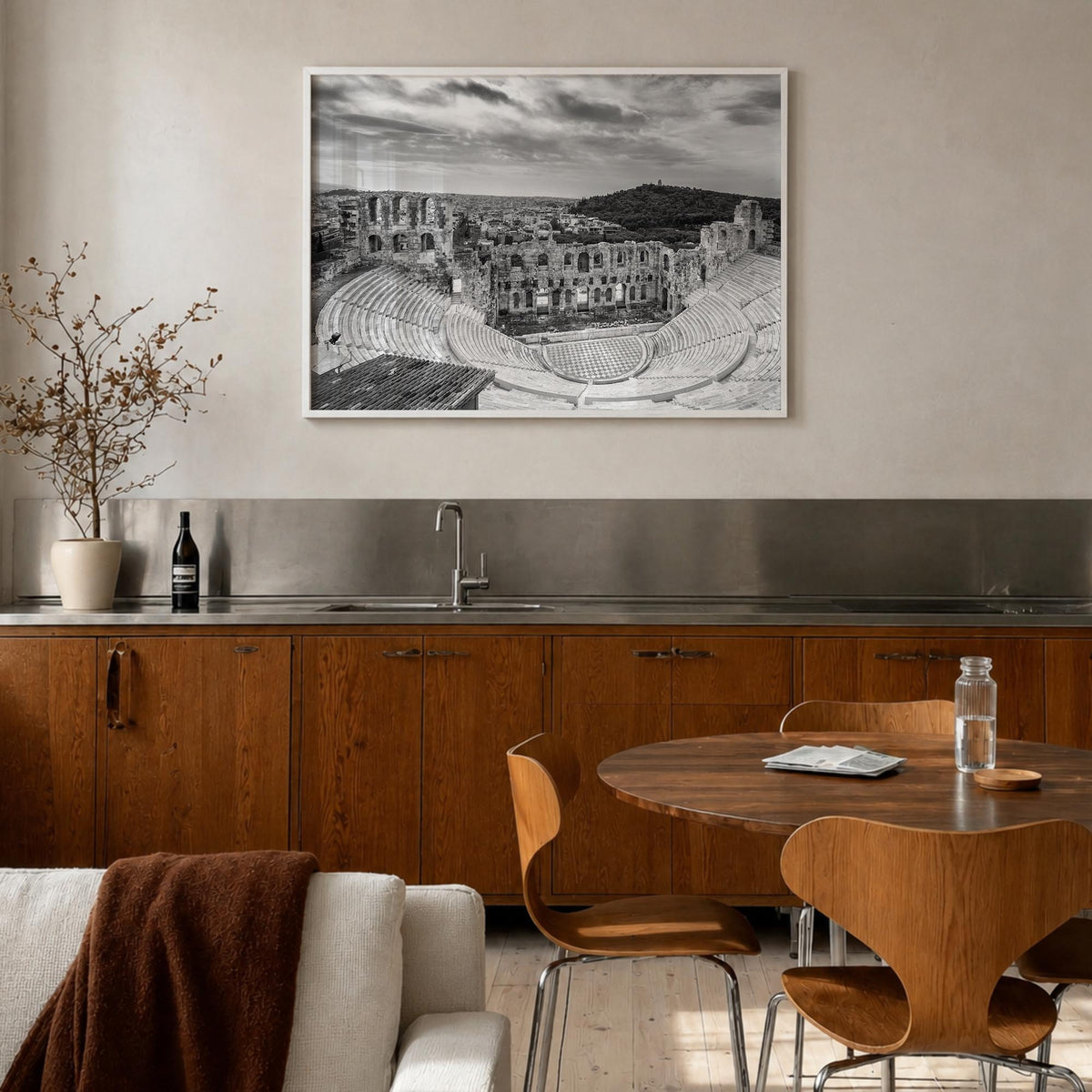 Athens, Greece black & white photo poster of Greece – horizontal wall art in white wood frame, hanging on wall