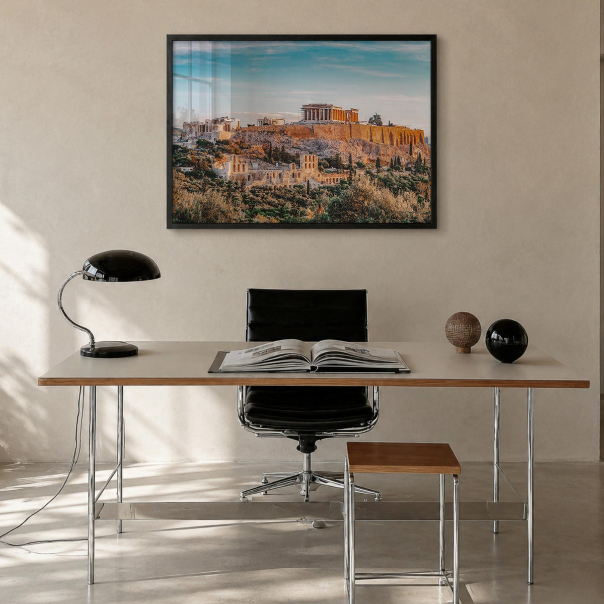 Athens, Greece colorful photo poster of Greece – horizontal wall art in black wood frame, hanging on wall