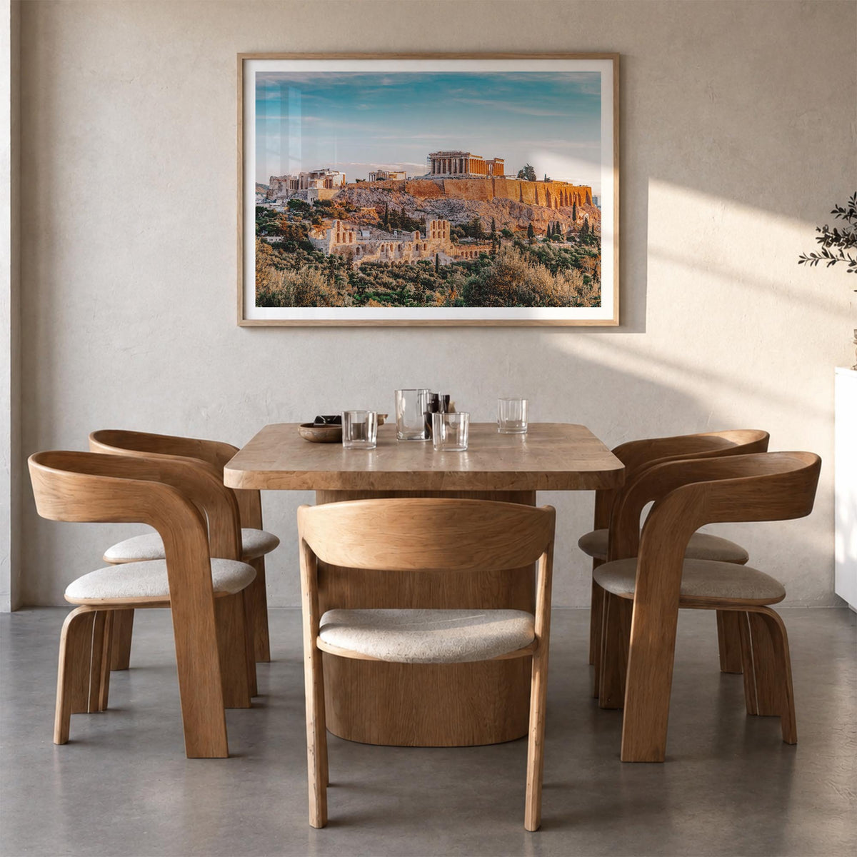 Athens, Greece colorful photo poster of Greece – horizontal wall art in natural wood frame with white border, hanging on wall