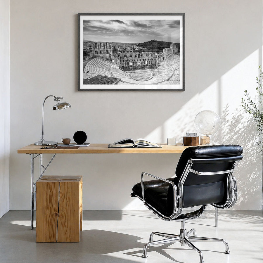 Athens, Greece Photo Poster in a black wood frame, hanging in a bright home office, white border