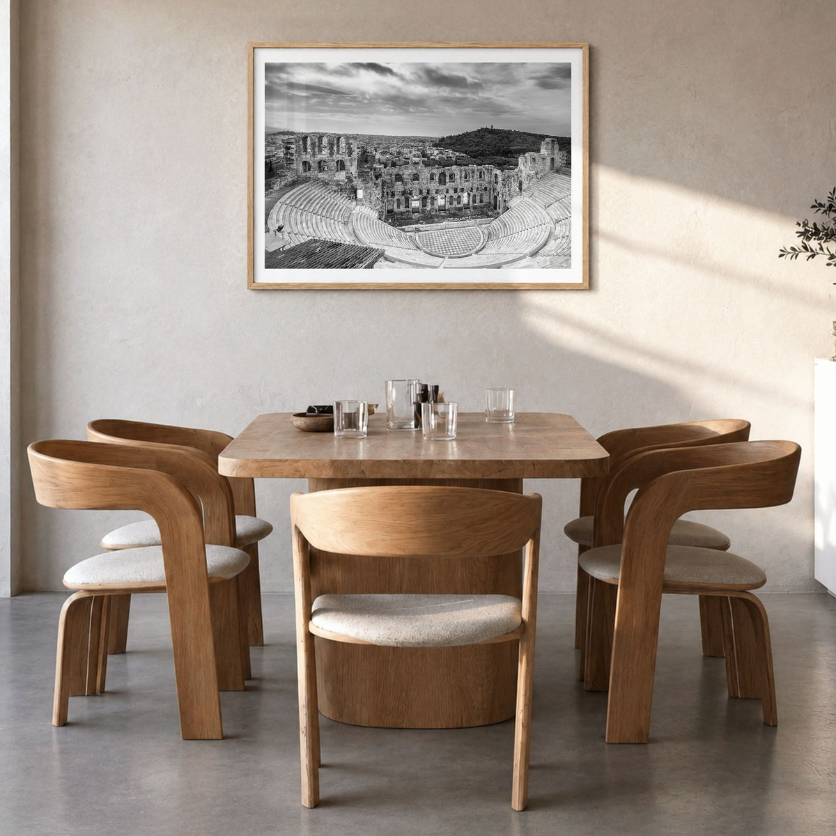 Athens, Greece Photo Poster in a natural wood frame, hanging in a dining room, white border