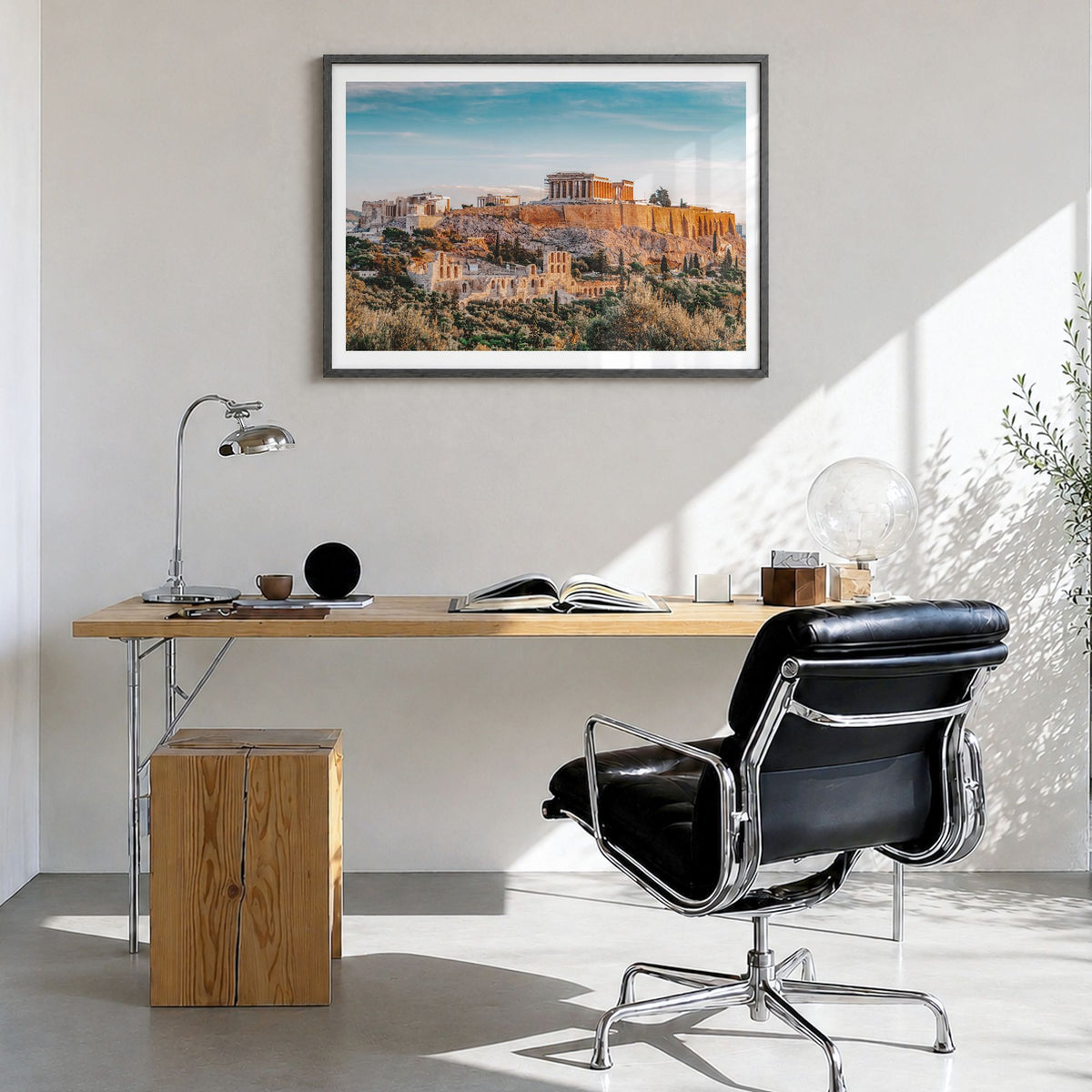 Athens, Greece Photo Poster in a black wood frame, hanging in a bright home office, white border