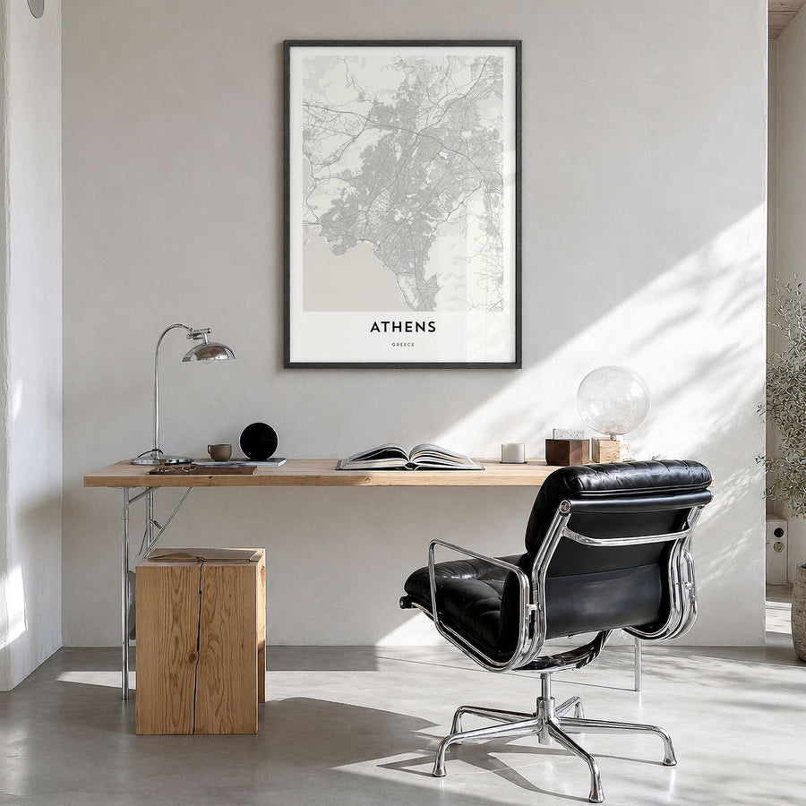 Athens, Greece Map Poster in a black wood frame, hanging in a bright home office