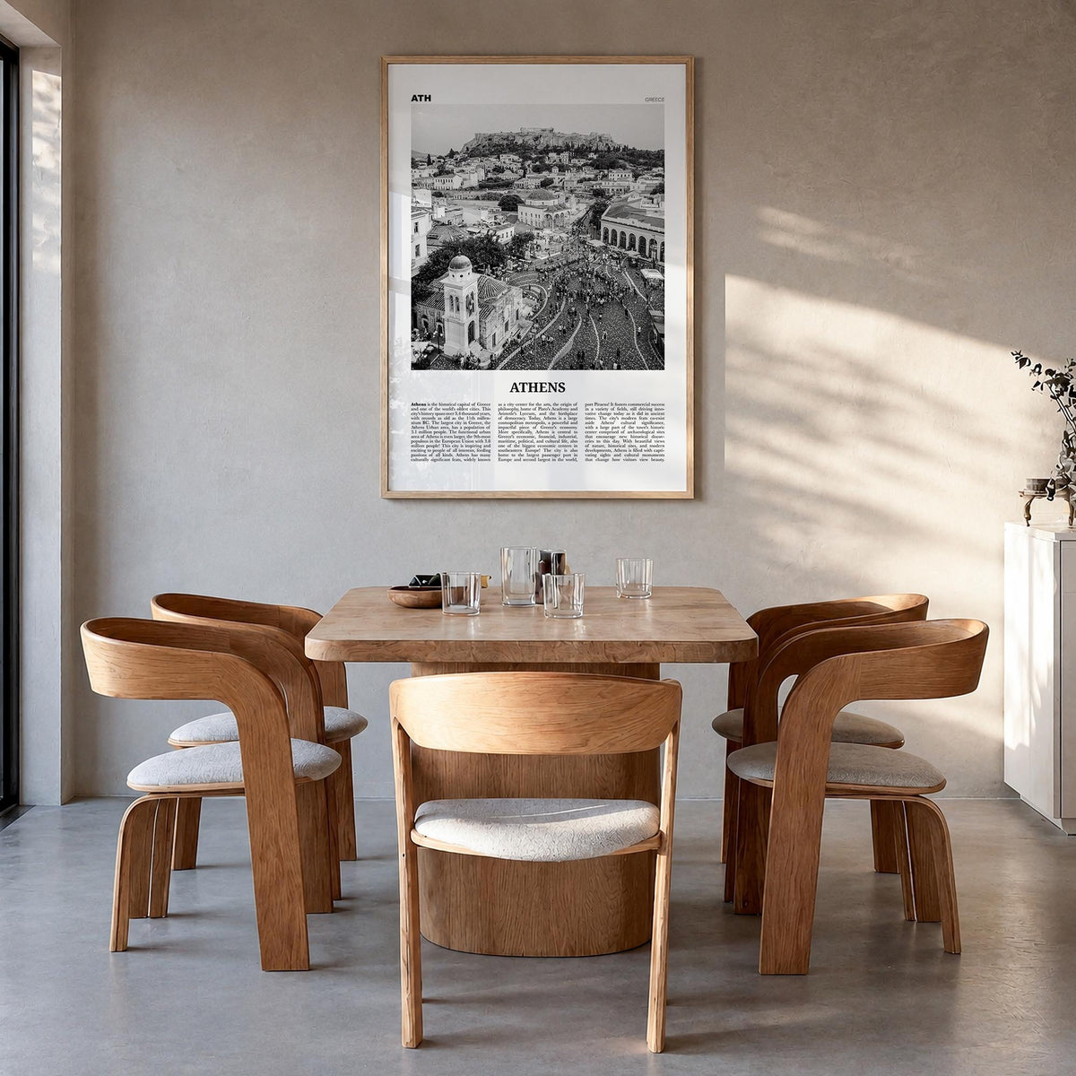 Athens, Greece no. 1 black & white newspaper poster of Greece – vertical wall art in natural wood frame, hanging on wall