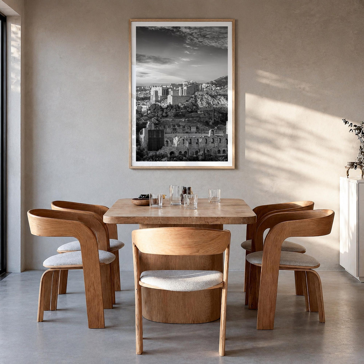 Athens, Greece no. 1 black & white photo poster of Greece – vertical wall art in natural wood frame with white border, hangin