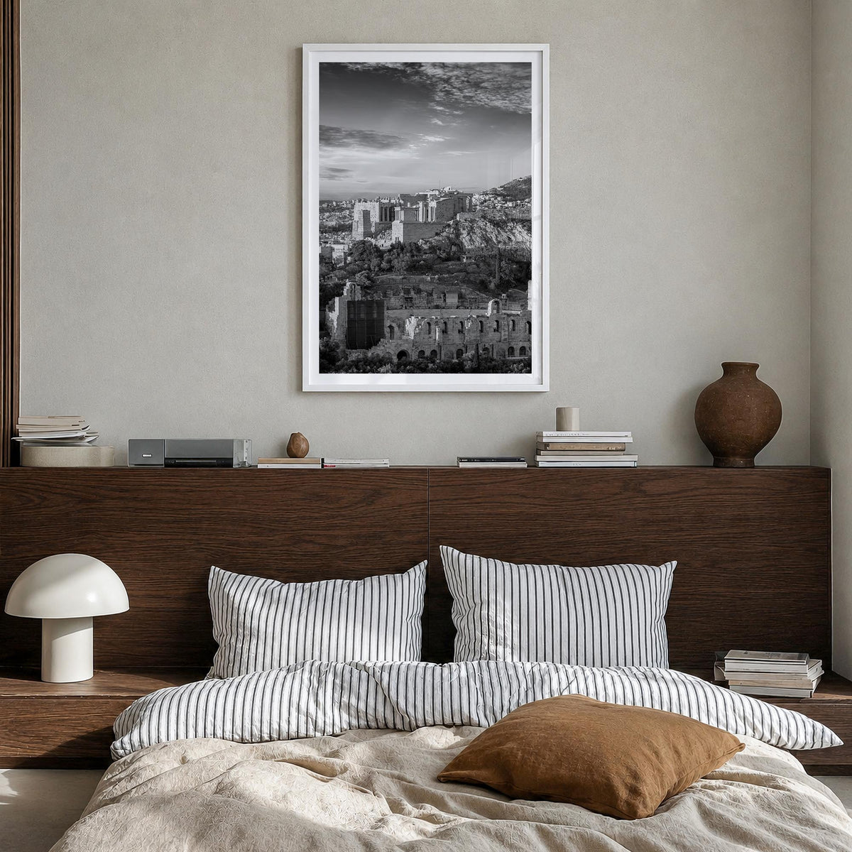 Athens, Greece no. 1 black & white photo poster of Greece – vertical wall art in white wood frame with white border, hanging 
