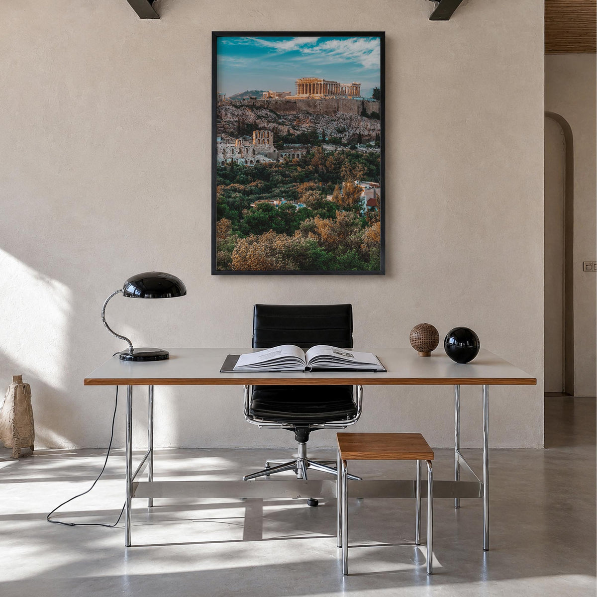 Athens, Greece no. 1 colorful photo poster of Greece – vertical wall art in black wood frame, hanging on wall