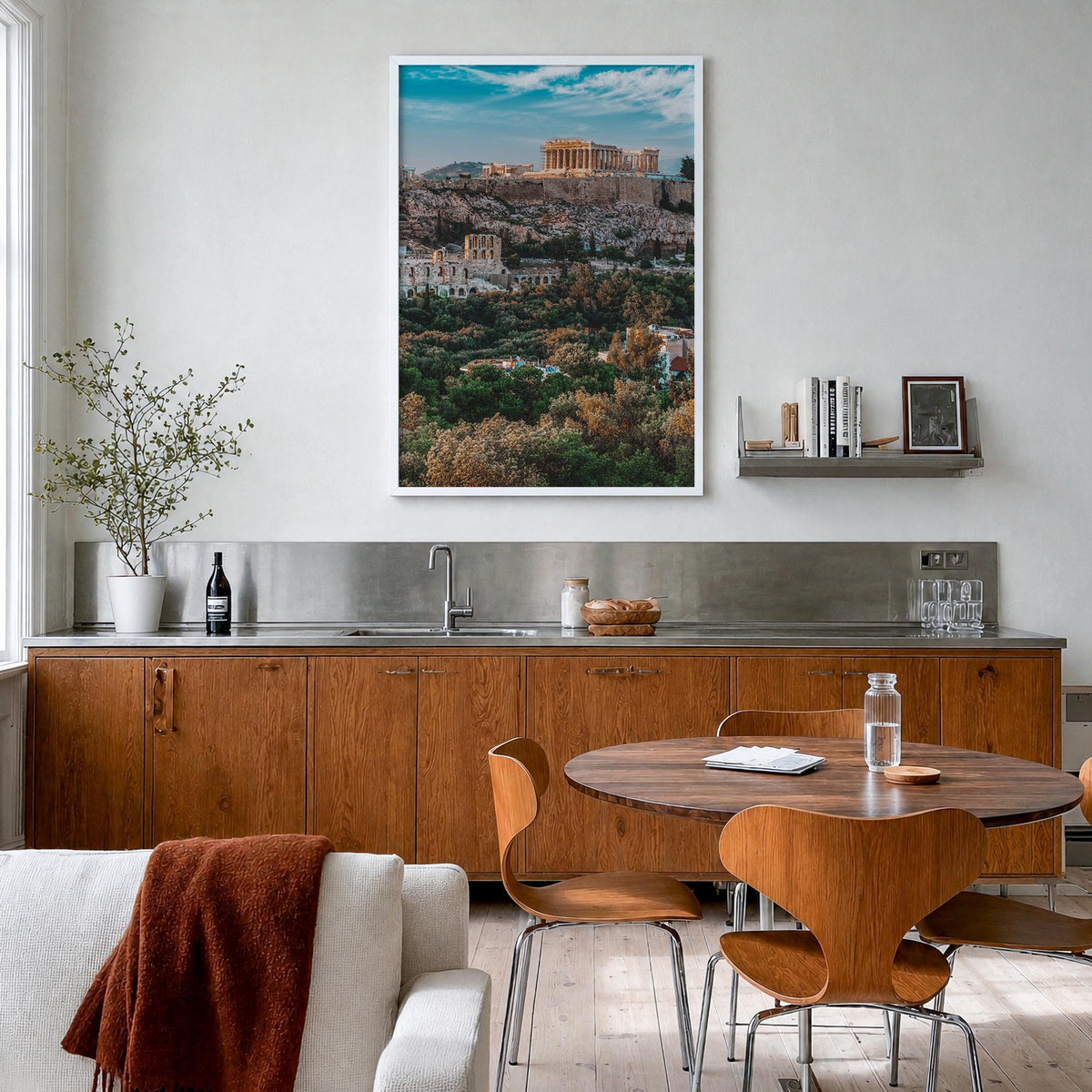 Athens, Greece no. 1 colorful photo poster of Greece – vertical wall art in white wood frame, hanging on wall
