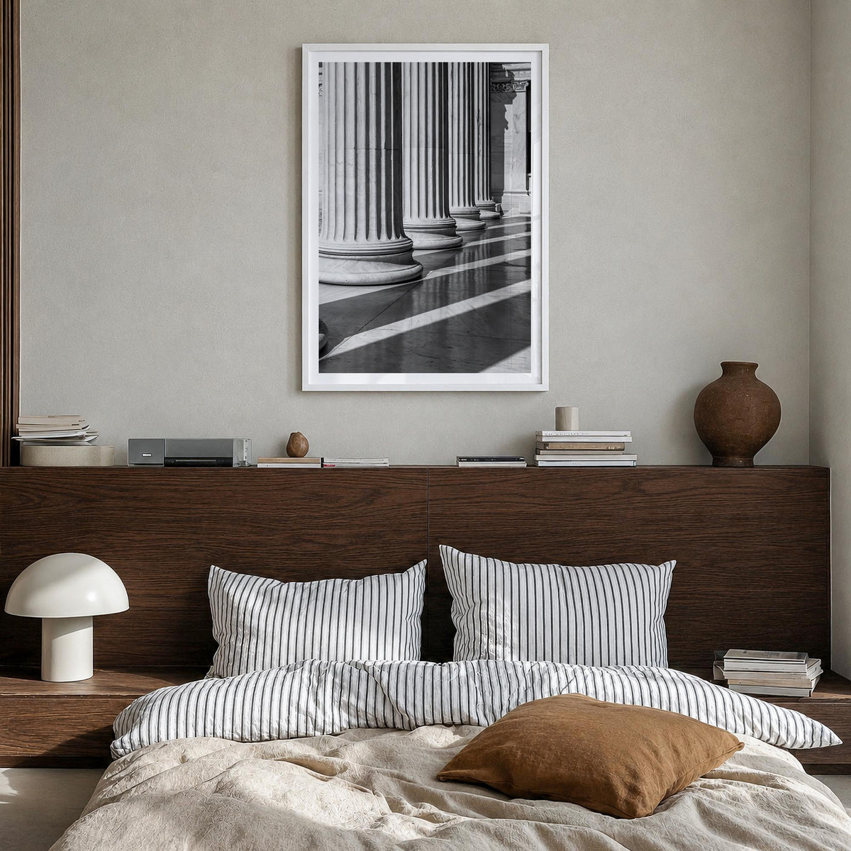 Athens, Greece no. 2 black & white photo poster of Greece – vertical wall art in white wood frame with white border, hanging 