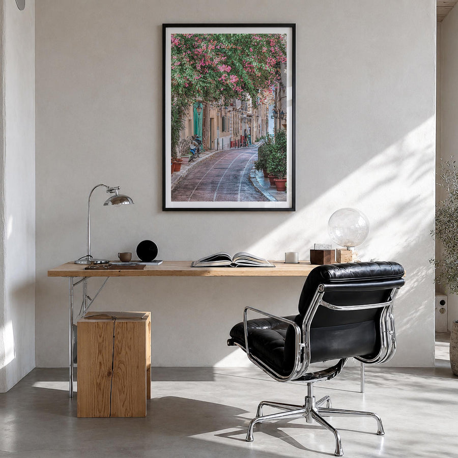 Athens, Greece no. 2 colorful photo poster of Greece – vertical wall art in black wood frame with white border, hanging on wa