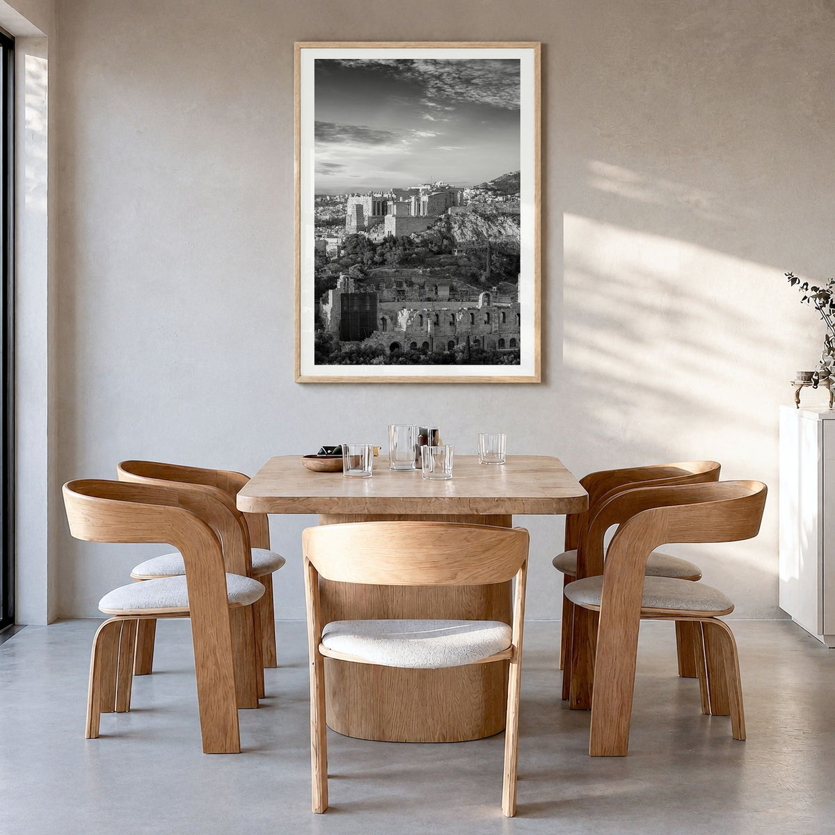 Athens, Greece Photo No 1 Poster in a natural wood frame, hanging in a dining room, white border