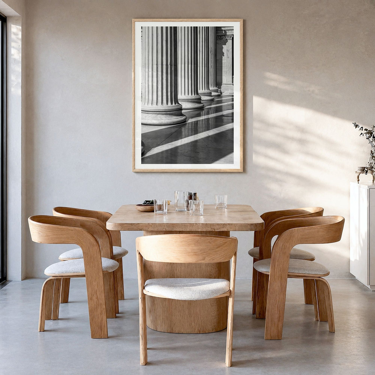 Athens, Greece Photo No 2 Poster in a natural wood frame, hanging in a dining room, white border