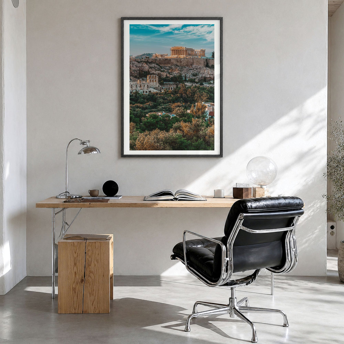 Athens, Greece Photo No 1 Poster in a black wood frame, hanging in a bright home office, white border