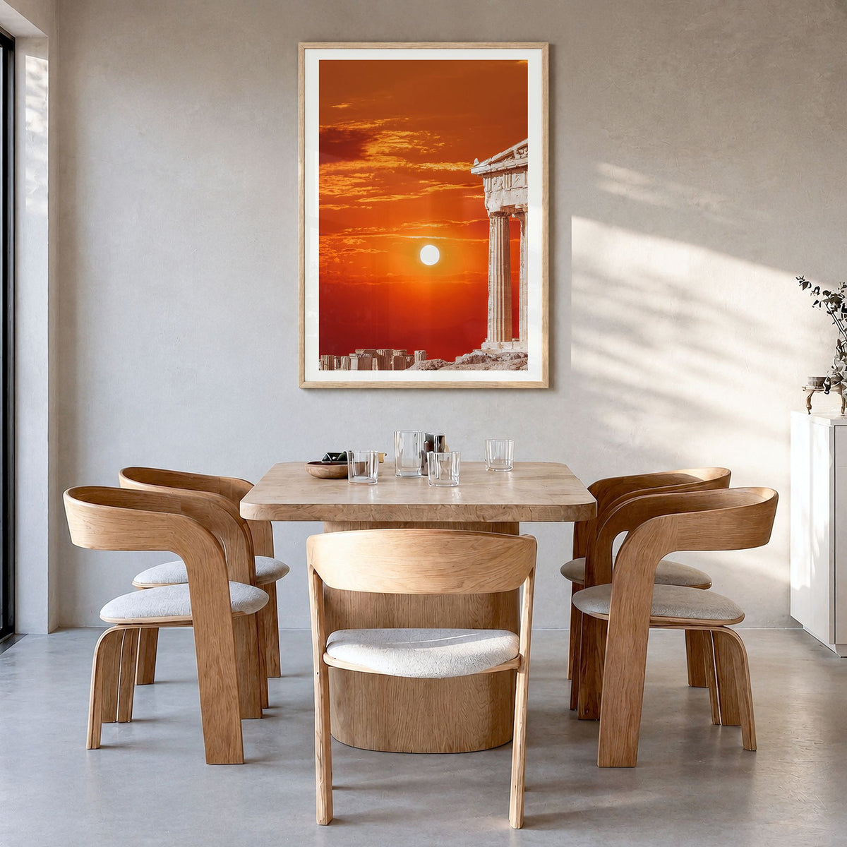 Athens, Greece Photo No 3 Poster in a natural wood frame, hanging in a dining room, white border