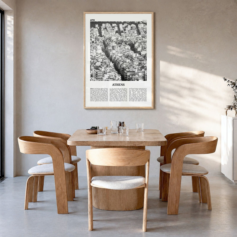 Athens, Greece Newspaper No 3 Poster in a natural wood frame, hanging in a dining room