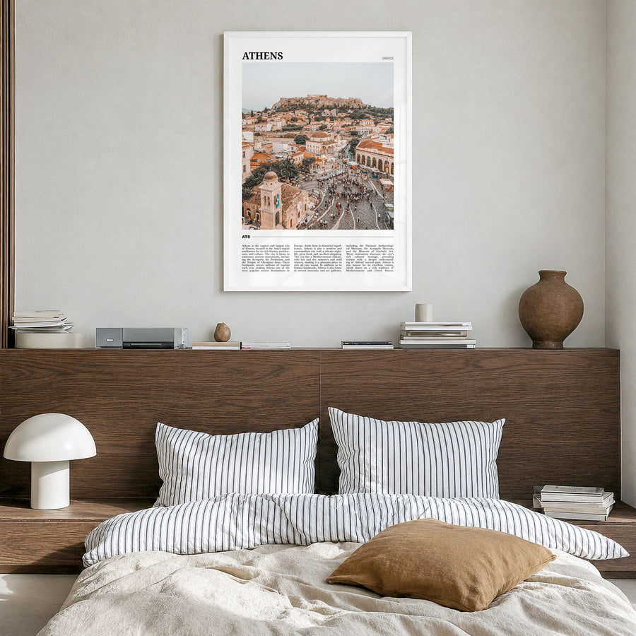 Athens, Greece Travel Poster in a white wood frame, hanging in a bedroom