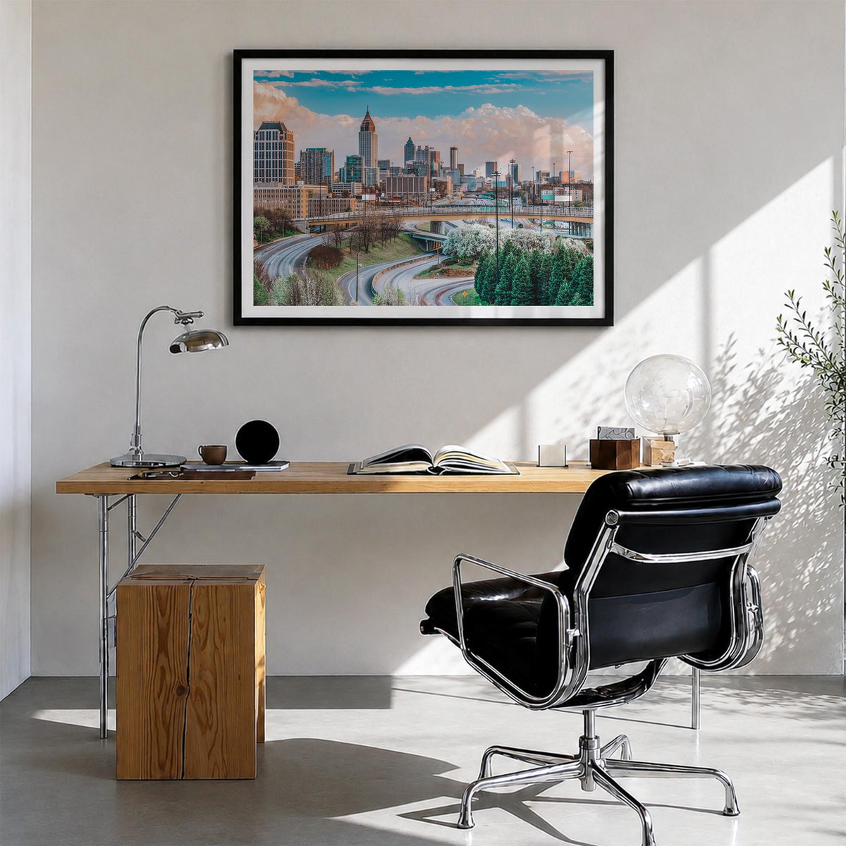 Atlanta colorful photo poster of Georgia, USA – horizontal wall art in black wood frame with white border, hanging on wall