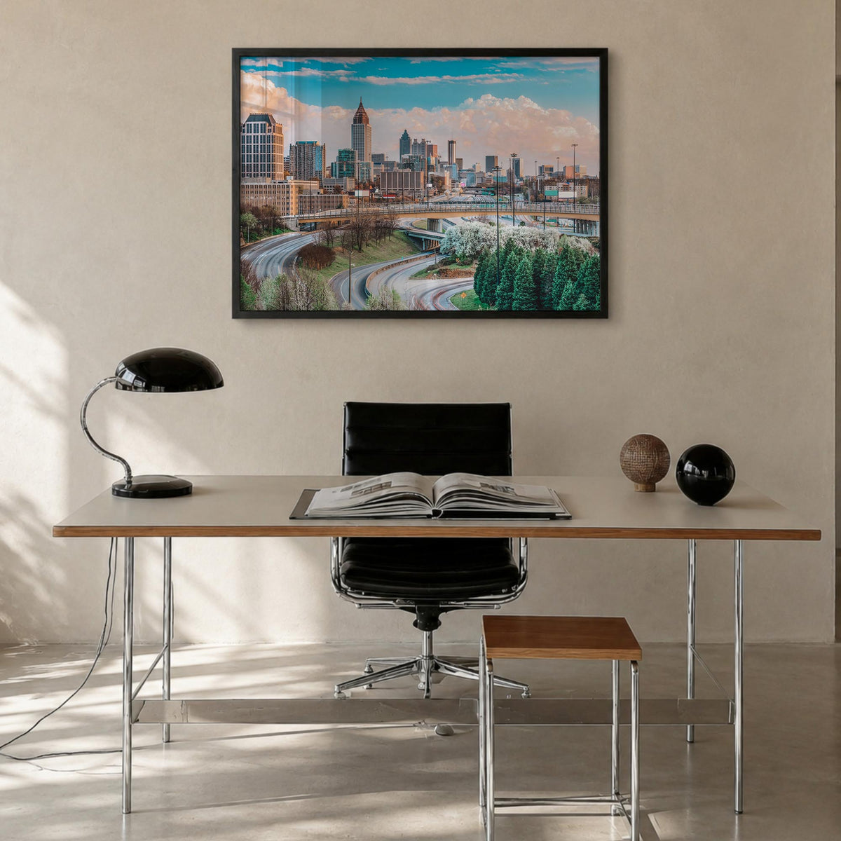 Atlanta colorful photo poster of Georgia, USA – horizontal wall art in black wood frame, hanging on wall