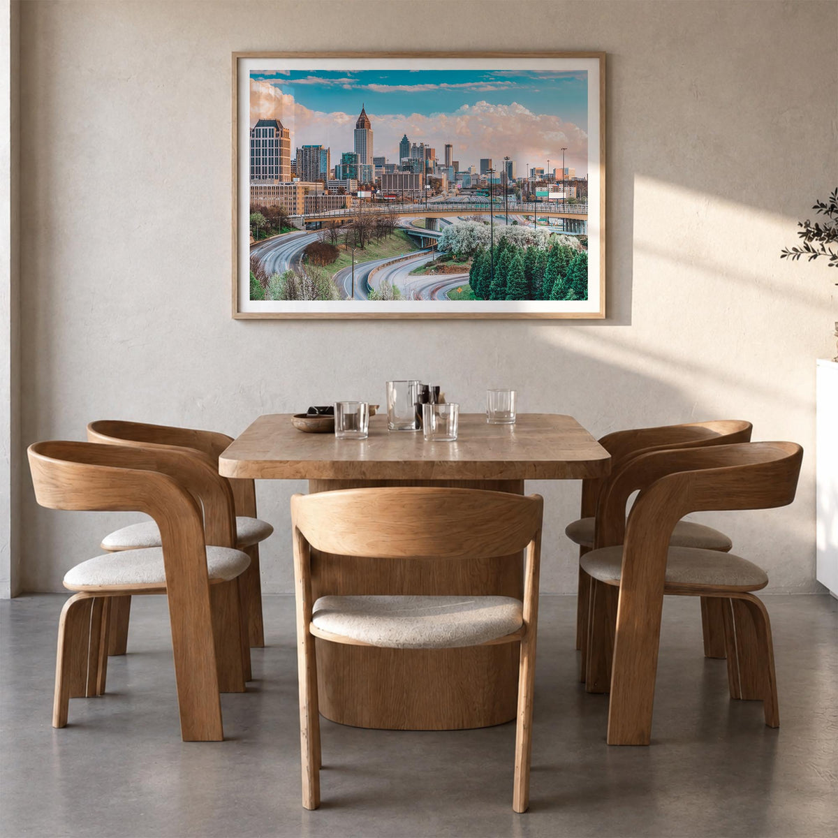 Atlanta colorful photo poster of Georgia, USA – horizontal wall art in natural wood frame with white border, hanging on wall