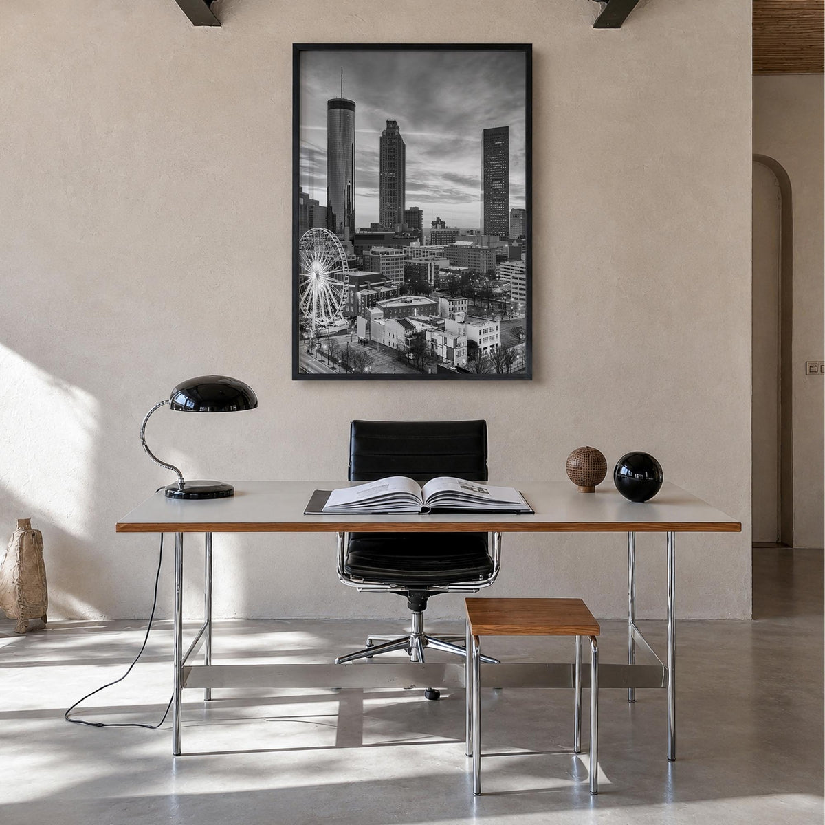 Atlanta no. 1 black & white photo poster of Georgia, USA – vertical wall art in black wood frame, hanging on wall