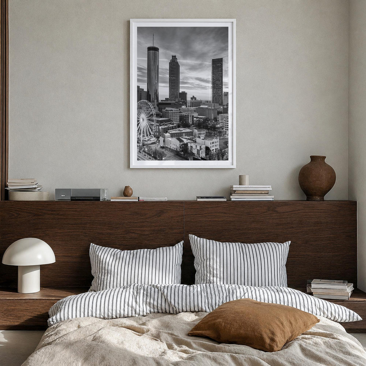 Atlanta no. 1 black & white photo poster of Georgia, USA – vertical wall art in white wood frame with white border, hanging o
