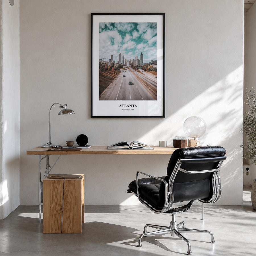 Atlanta no. 1 colorful classic poster of Georgia, USA – vertical wall art in black wood frame, hanging on wall