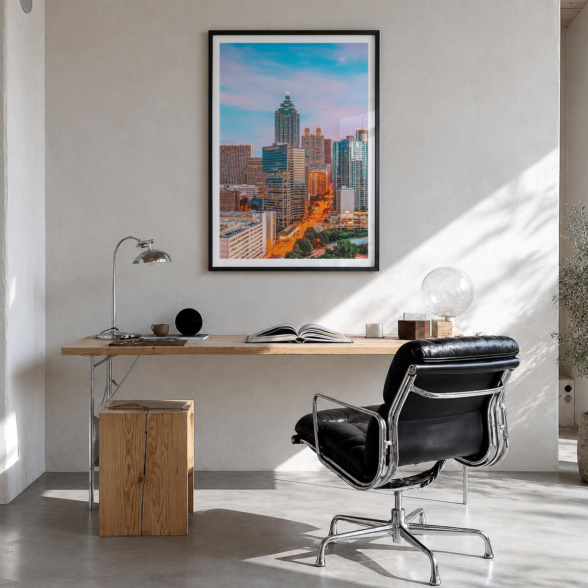 Atlanta no. 1 colorful photo poster of Georgia, USA – vertical wall art in black wood frame with white border, hanging on wal