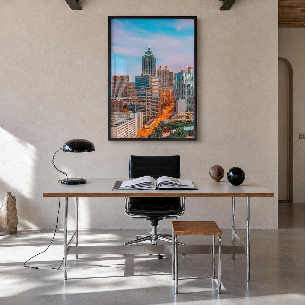 Atlanta no. 1 colorful photo poster of Georgia, USA – vertical wall art in black wood frame, hanging on wall
