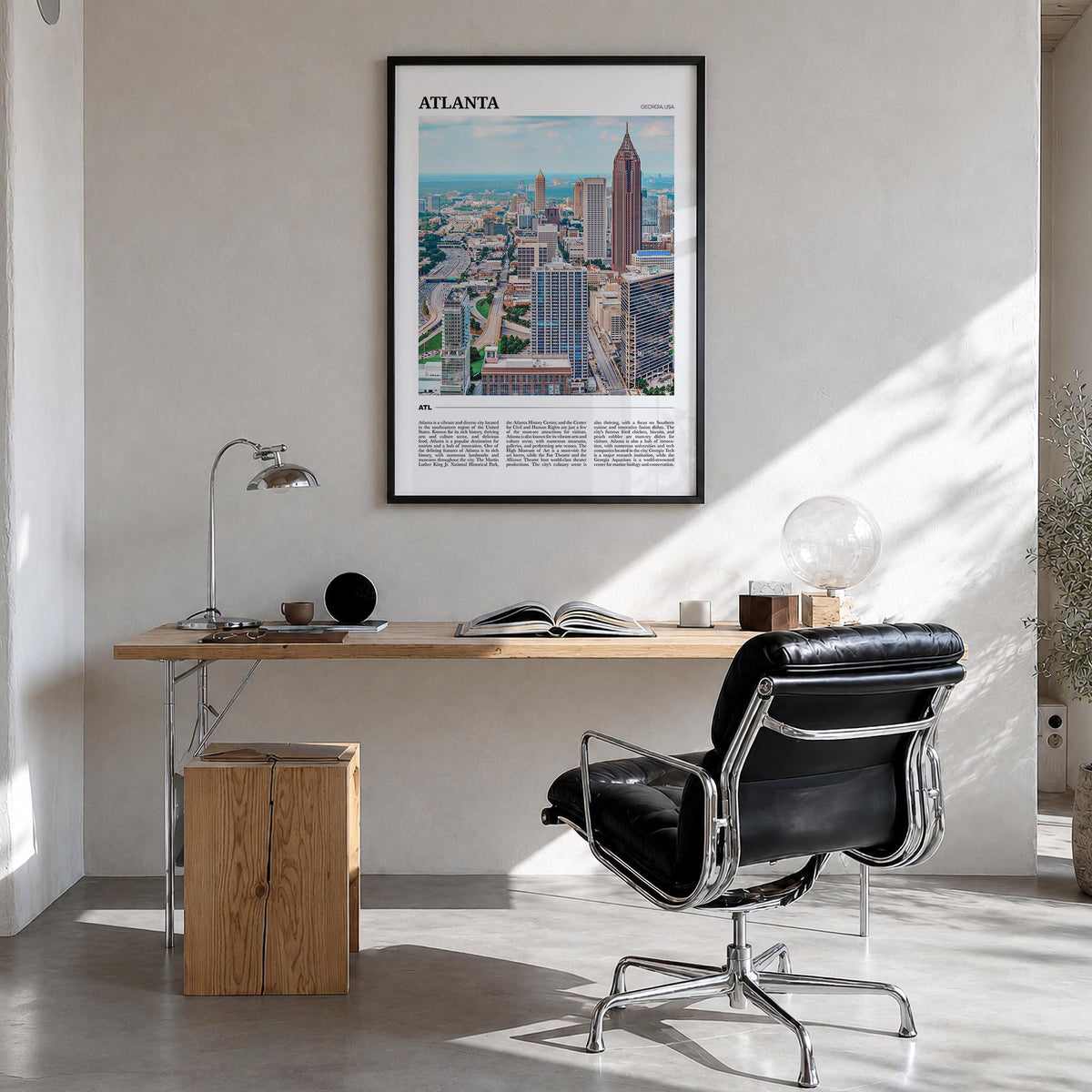 Atlanta no. 1 colorful travel poster of Georgia, USA – vertical wall art in black wood frame, hanging on wall