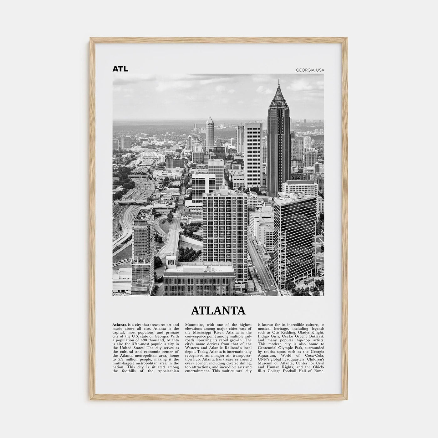 Atlanta No 1 Poster Natural Wood / 8x12 in Nbourhood Travel B&W Poster