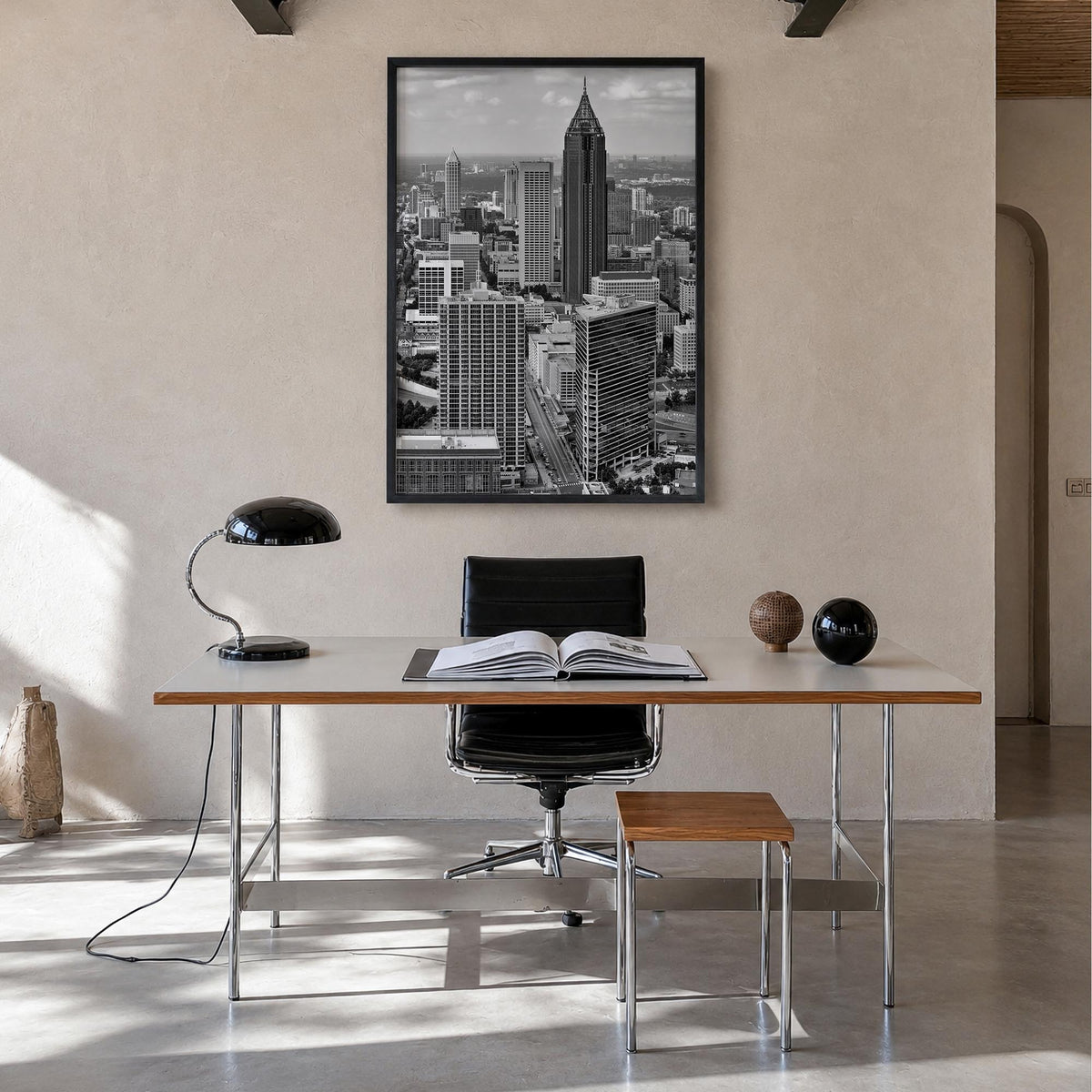 Atlanta no. 2 black & white photo poster of Georgia, USA – vertical wall art in black wood frame, hanging on wall