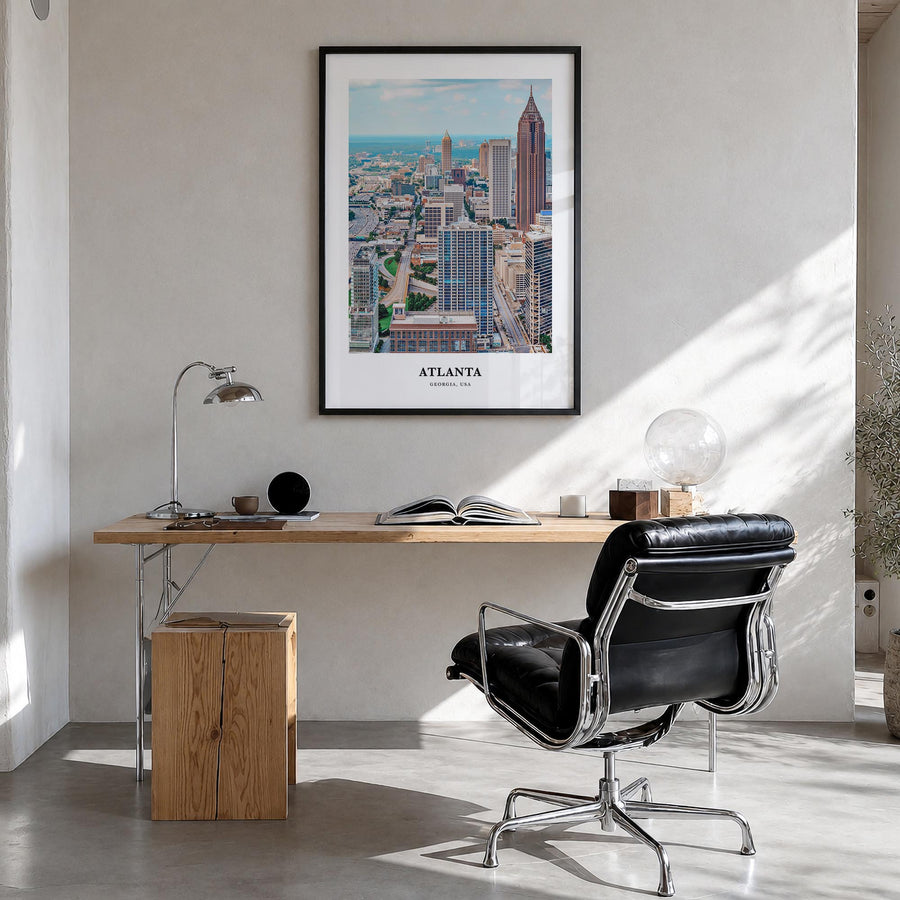 Atlanta no. 2 colorful classic poster of Georgia, USA – vertical wall art in black wood frame, hanging on wall
