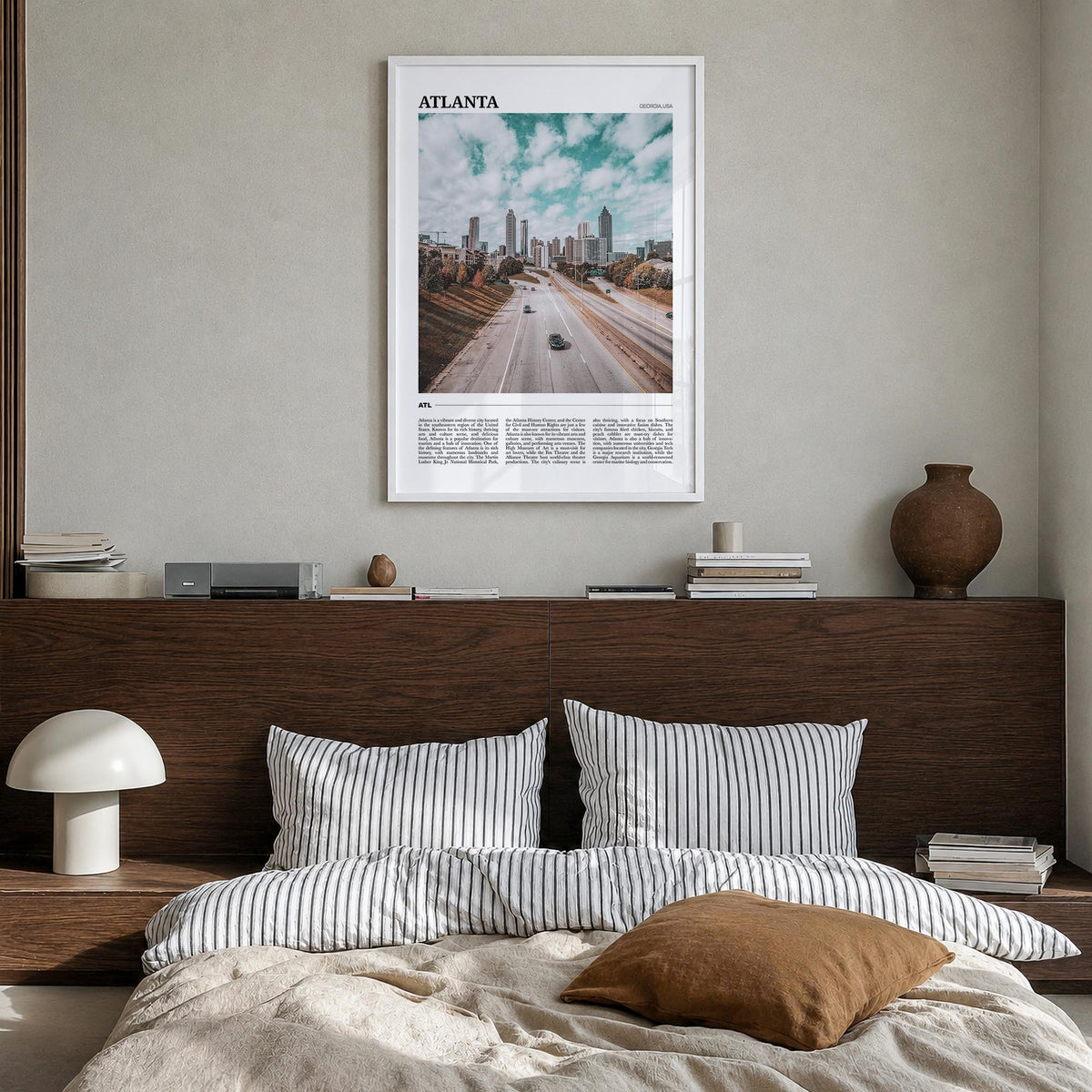 Atlanta no. 2 colorful travel poster of Georgia, USA – vertical wall art in white wood frame, hanging on wall