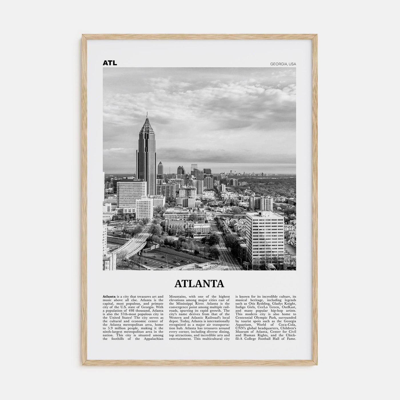 Atlanta No 2 Poster Natural Wood / 8x12 in Nbourhood Travel B&W Poster