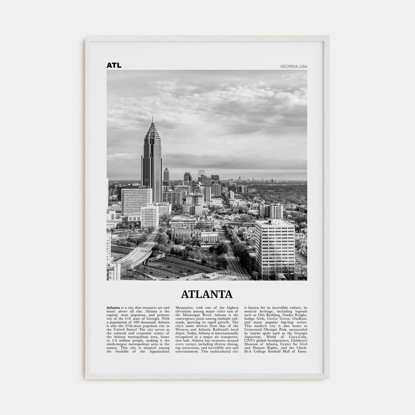 Atlanta No 2 Poster White Wood / 8x12 in Nbourhood Travel B&W Poster