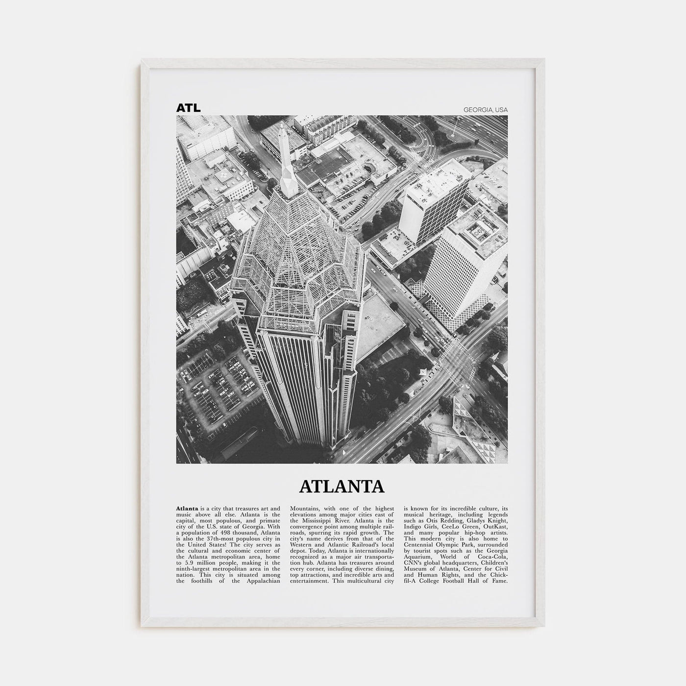 Atlanta No 3 Poster White Wood / 8x12 in Nbourhood Travel B&W Poster