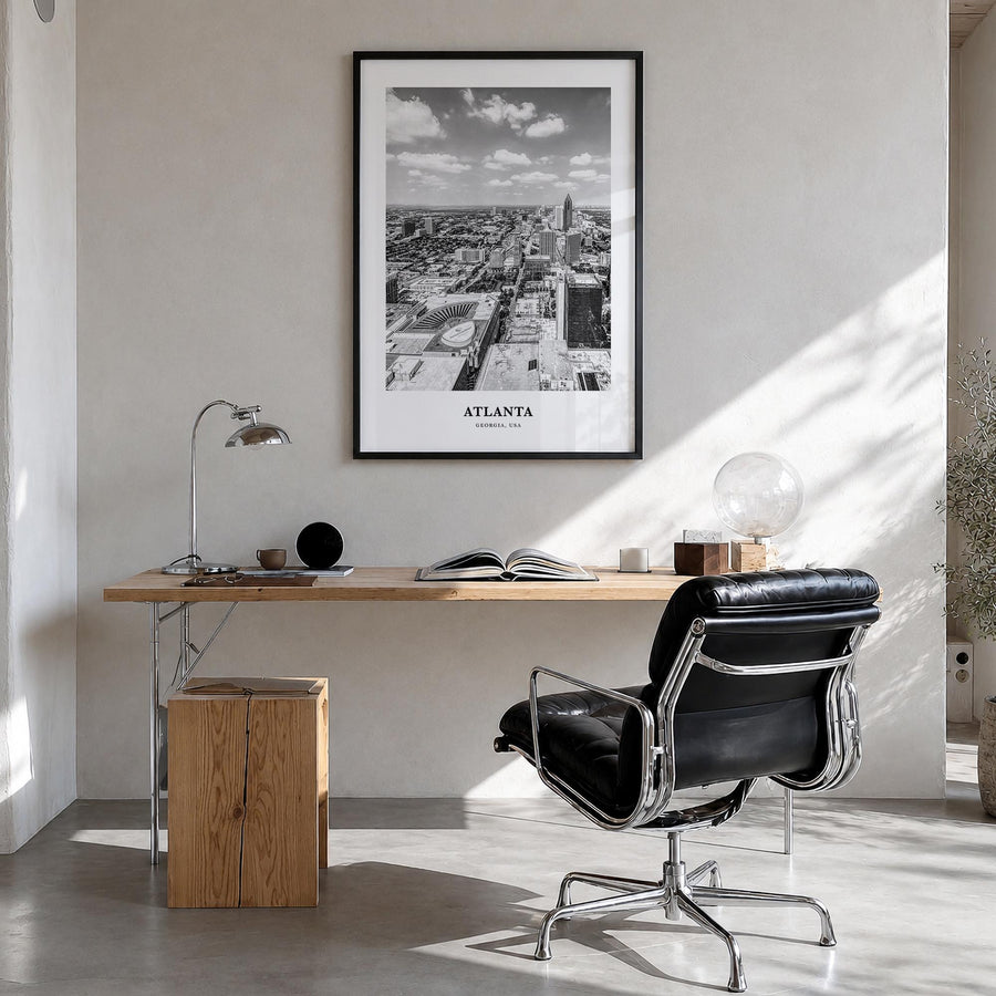Atlanta no. 4 black & white classic poster of Georgia, USA – vertical wall art in black wood frame, hanging on wall