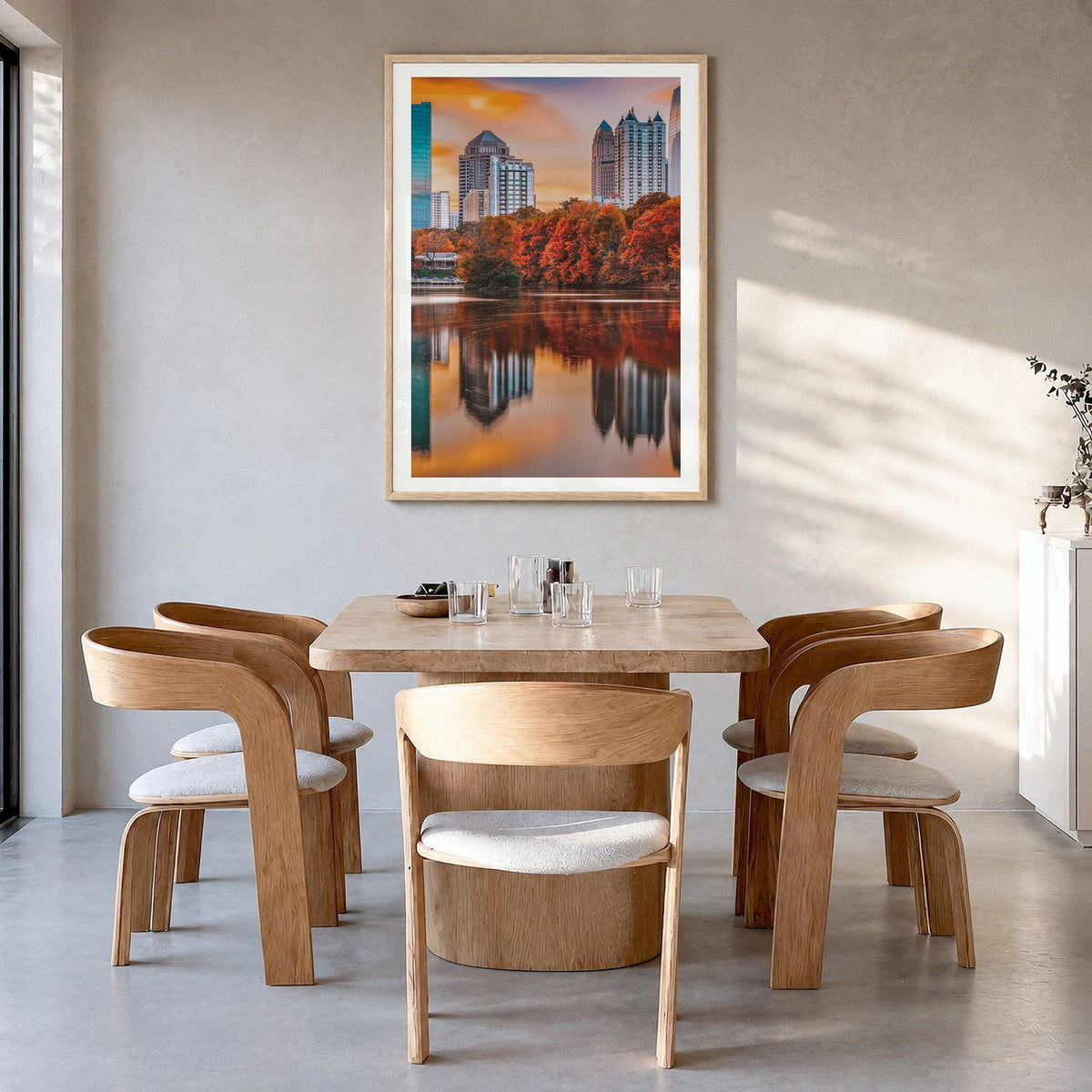 Atlanta Photo No 2 Poster in a natural wood frame, hanging in a dining room, white border