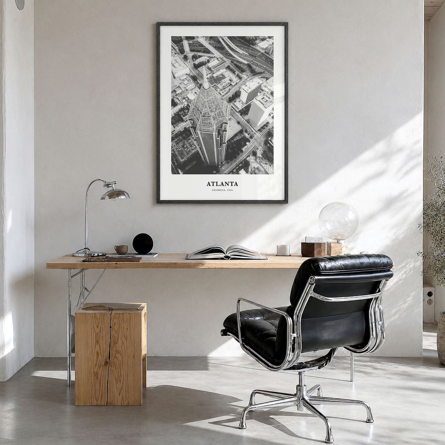 Atlanta Classic No 1 Poster in a black wood frame, hanging in a bright home office