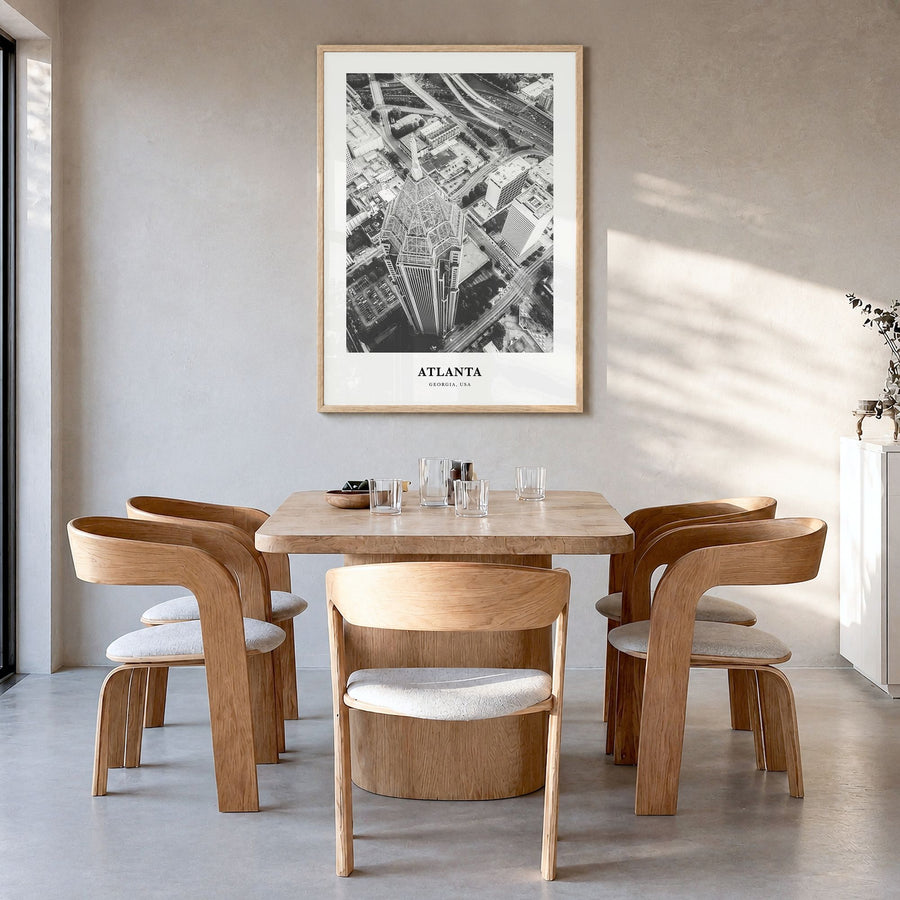 Atlanta Classic No 1 Poster in a natural wood frame, hanging in a dining room