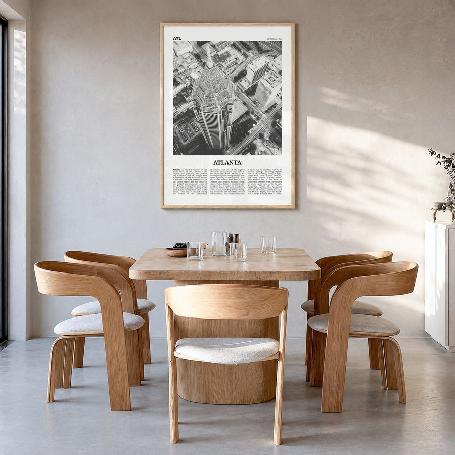 Atlanta Newspaper No 3 Poster in a natural wood frame, hanging in a dining room