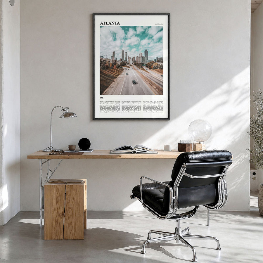 Atlanta Travel No 2 Poster in a black wood frame, hanging in a bright home office