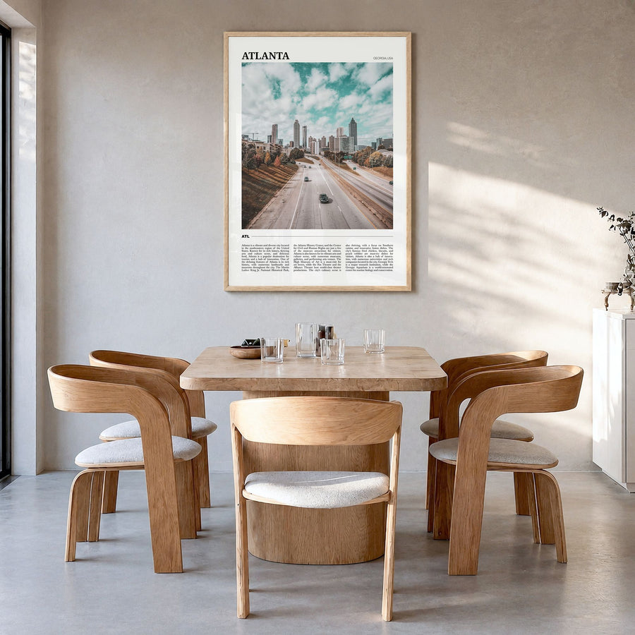 Atlanta Travel No 2 Poster in a natural wood frame, hanging in a dining room