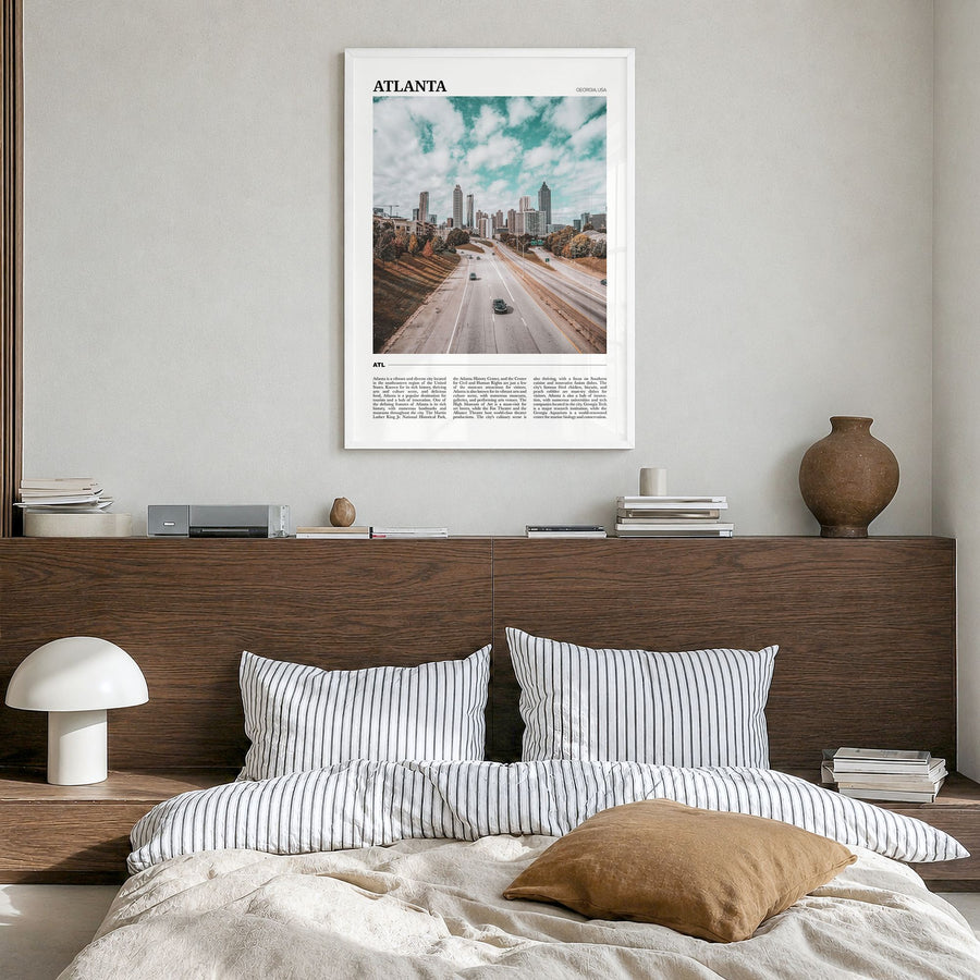 Atlanta Travel No 2 Poster in a white wood frame, hanging in a bedroom