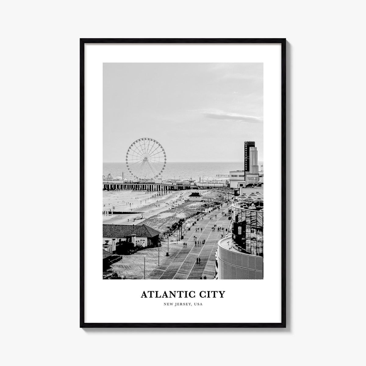 Atlantic City black & white classic poster of New Jersey, USA – vertical wall art, unframed print shown in interior mockup