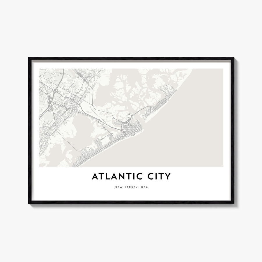 Atlantic City black & white map poster of New Jersey, USA – horizontal wall art, unframed print shown in interior mockup