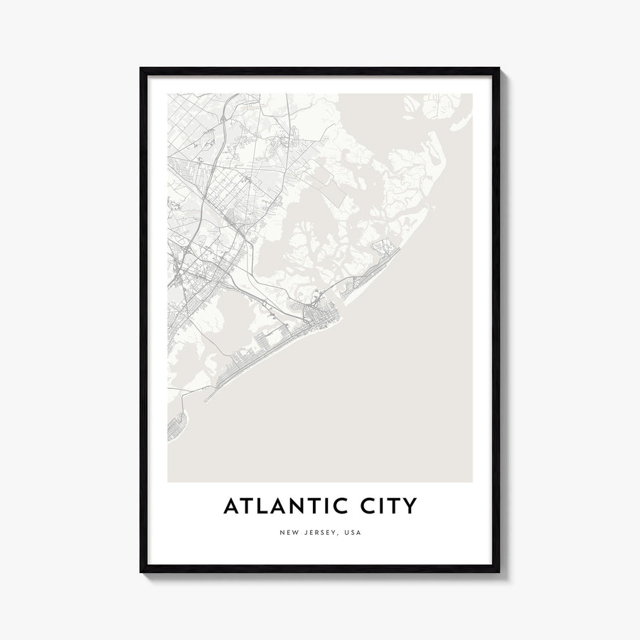 Atlantic City black & white map poster of New Jersey, USA – vertical wall art, unframed print shown in interior mockup