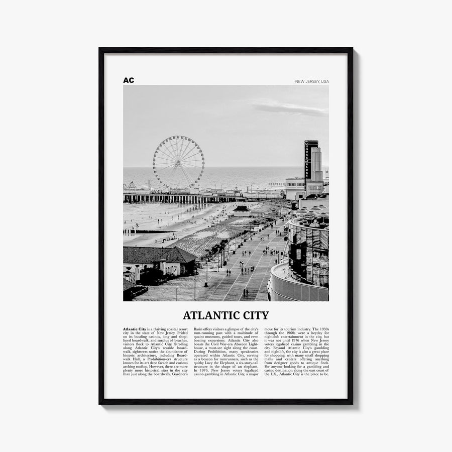 Atlantic City black & white newspaper poster of New Jersey, USA – vertical wall art, unframed print shown in interior mockup